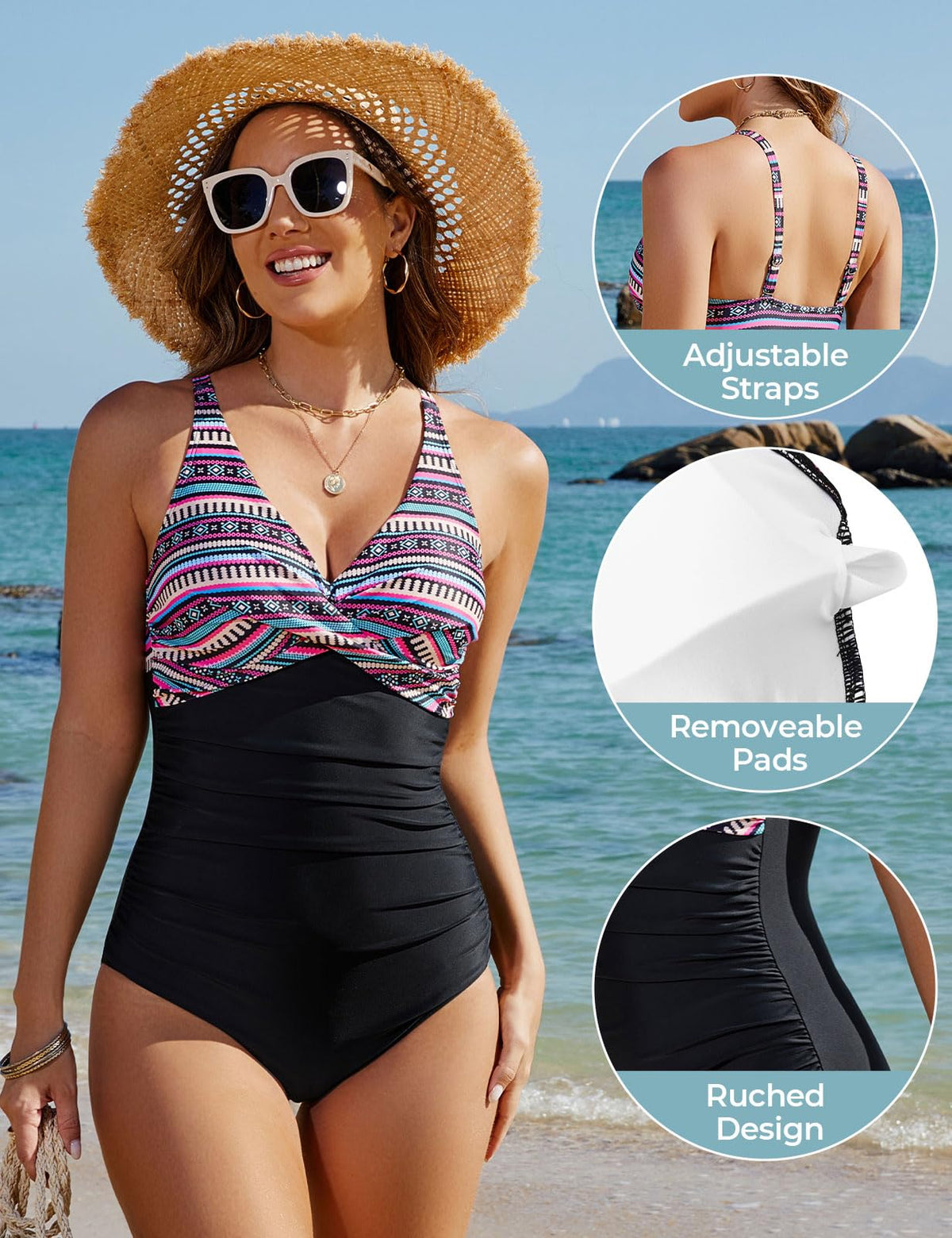 Women's Slimming V-Neck One Piece Swimsuit – Black L