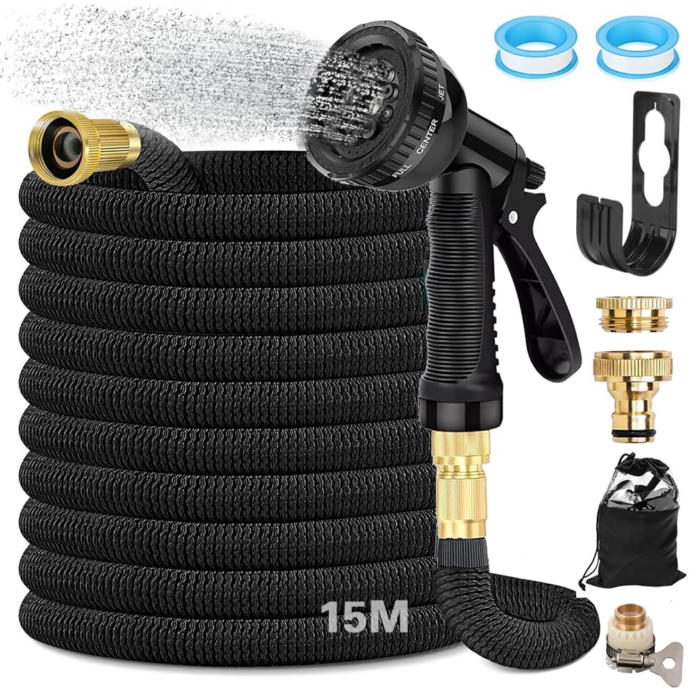 Garden Hose Flexible 15m Expandable, Flexible Water Hose with 8 Spray Functions, Flexible Hose 1/2 inch to 3/4 inch, Garden Hose, for Garden Irrigation, Car Washing, Washing and Watering