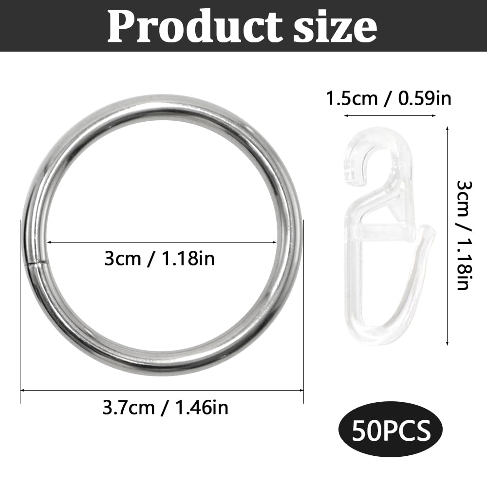 Curtain Rings & Hooks 50 Metal + 50 Plastic 30mm Inner Dia for Rods – White