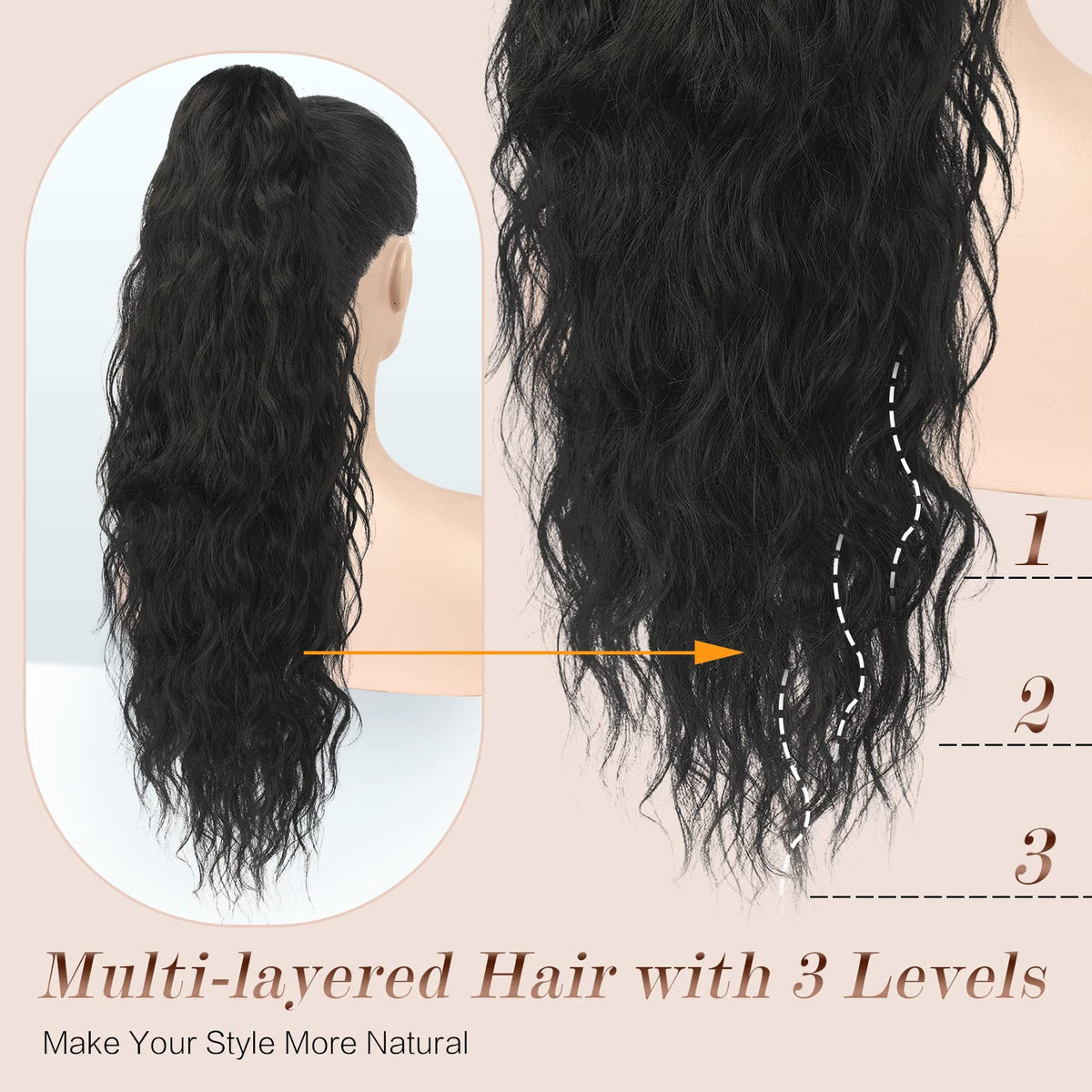 Coada de cal lungă împletită ondulată extensie păr sintetic 65 cm – Blond Miere cu Șaten deschis