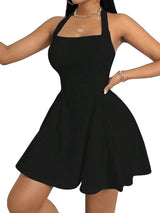 Women's Halter Neck A-Line Ruffle Dress Sleeveless Short – Black L