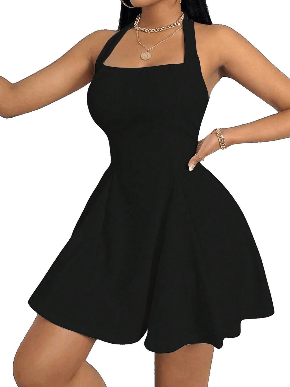 Women's Halter Neck A-Line Ruffle Dress Sleeveless Short – Black L