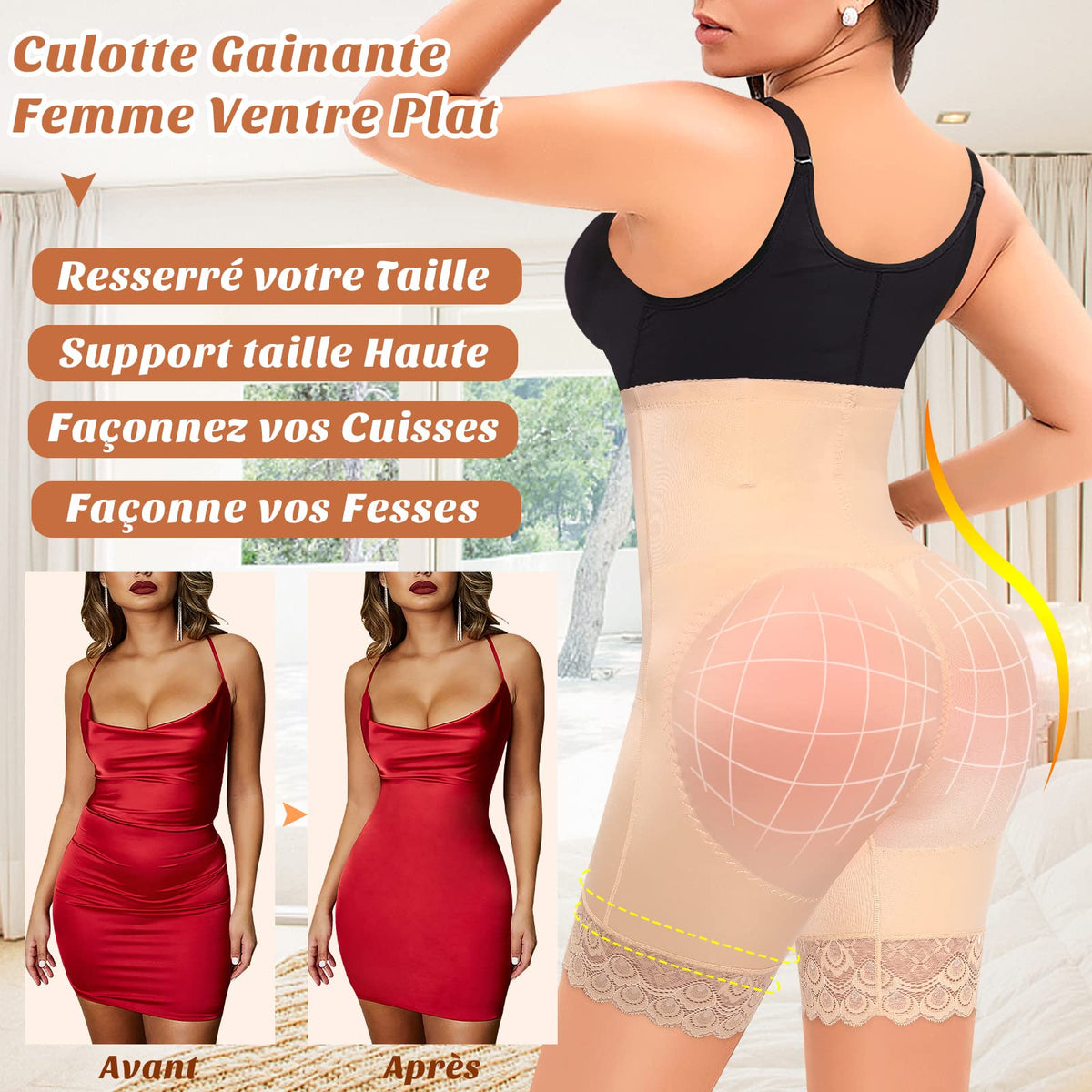 Women's Tummy Control Panties, Flat Tummy Control, Invisible Shapewear, High Waist, Anti-Chafing, Thigh Shapewear, Lace, Shorts, #1 Beige, 48