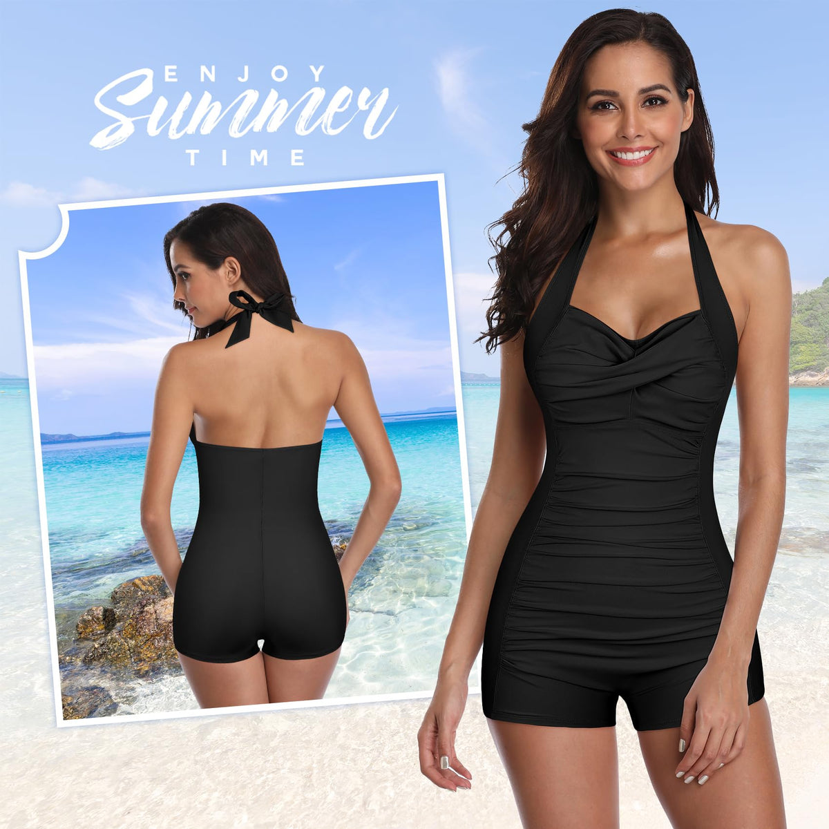 Costum de baie întreg modelator Durio halter push-up mărimi mari – Negru 40-42 (L)