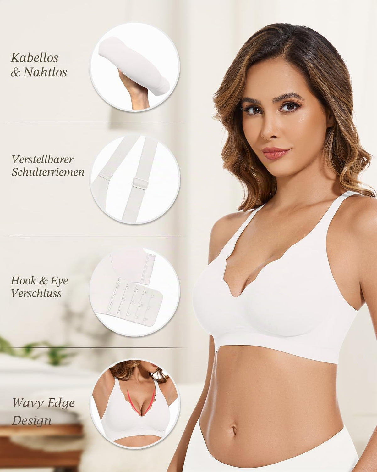 Wireless Padded Push-Up Bralette V-Neck Wire-Free with Extender – White XXL