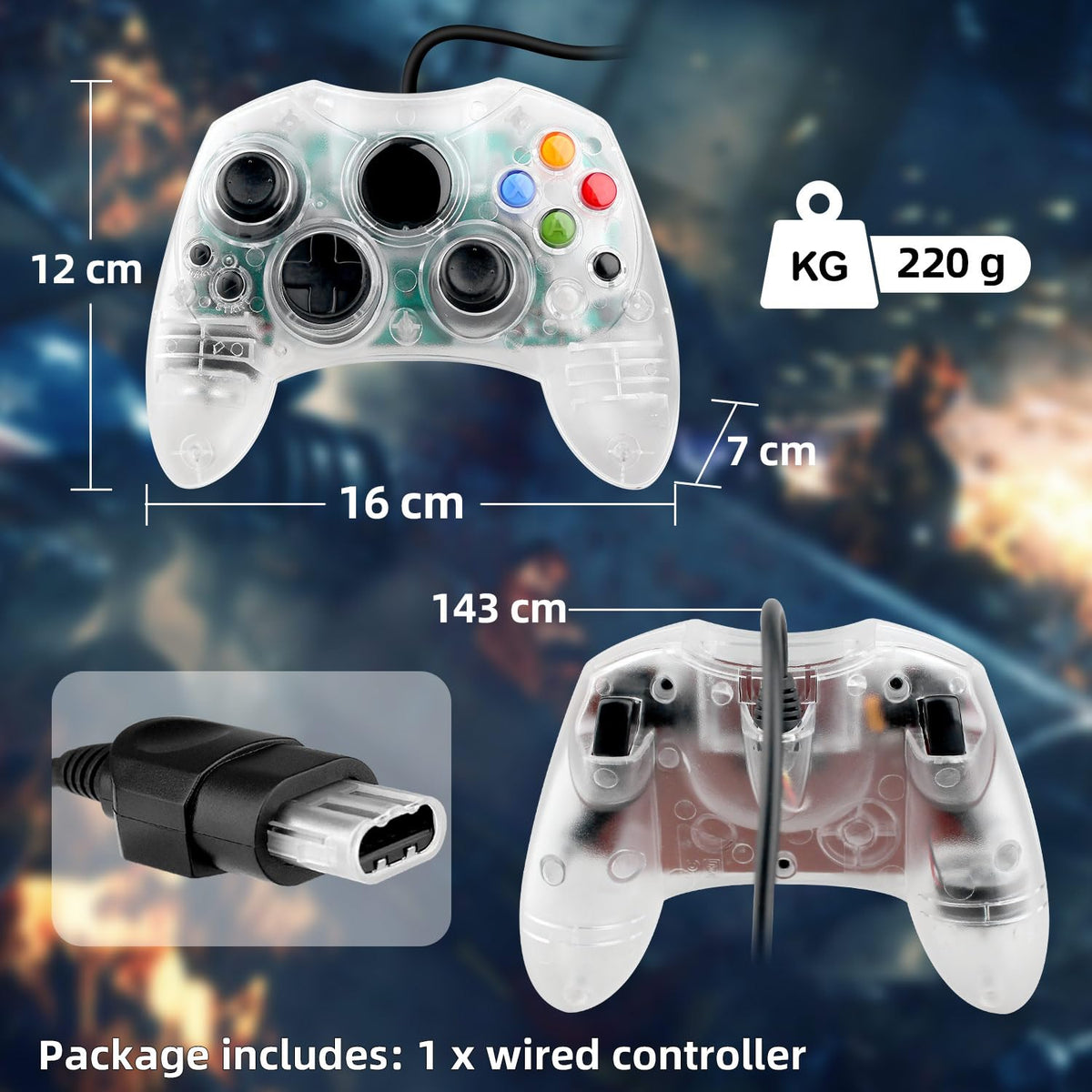 Controller cu fir tip S compatibil cu consola clasică Xbox  – Transparent