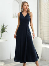 Rochie lungă de seară elegantă petrecută cu decolteu în V și crăpătură – Bleumarin XS