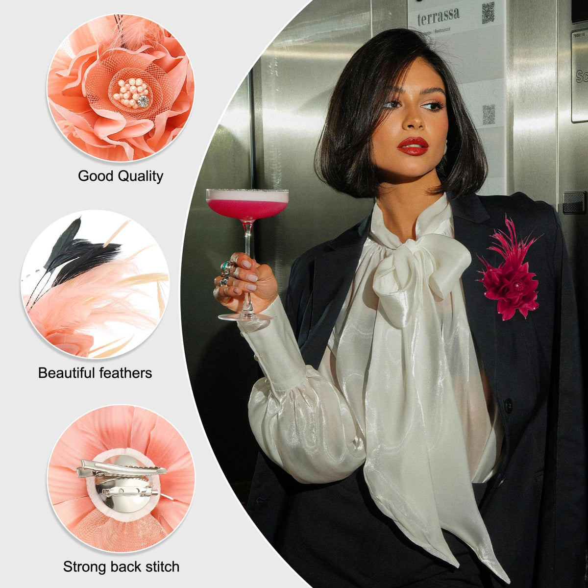 Floral Hair Clips 2-Piece Camellia Feather Brooch Pins Wedding Party – Pink