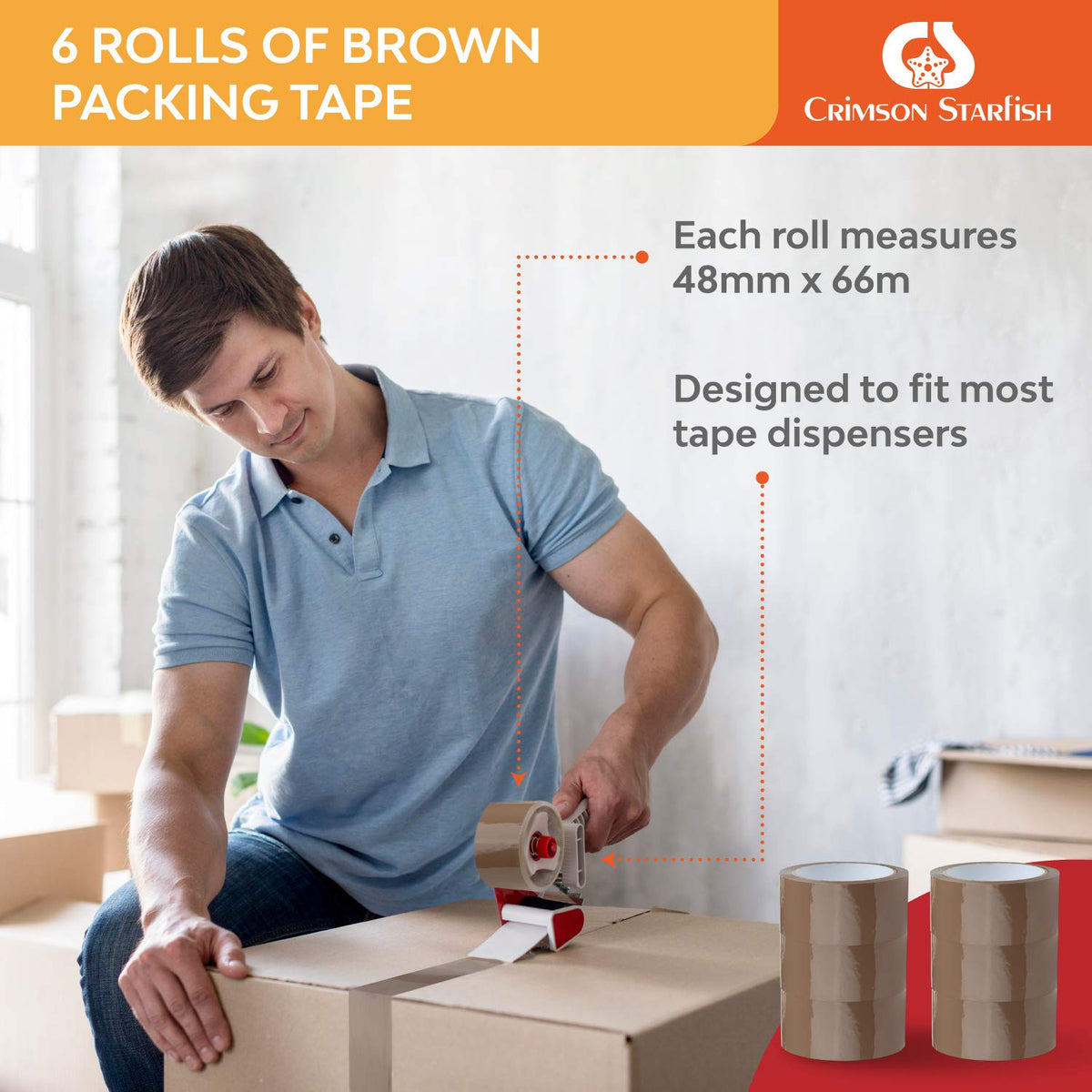 Crimson Starfish 12 x Packing Tape Brown Rolls 48mm x 66m | Packaging tapes for packages, boxes, shipping | Adhesive tape for packages & parcel tape brown | Low-noise parcel tape | Moving supplies