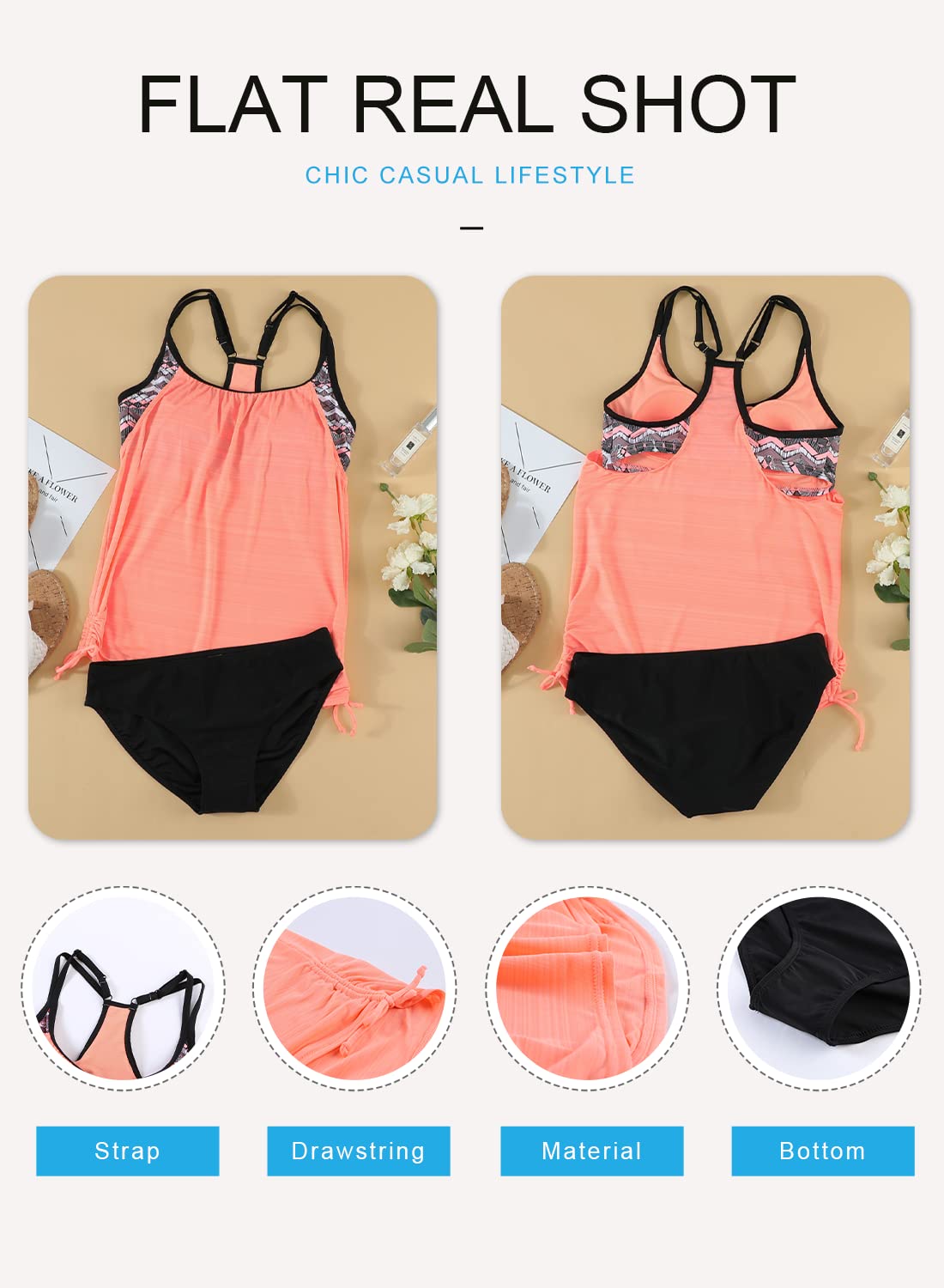 Costum de baie două piese tip tankini damă cu bureți push-up și abdomen aplatizat – Roz XL