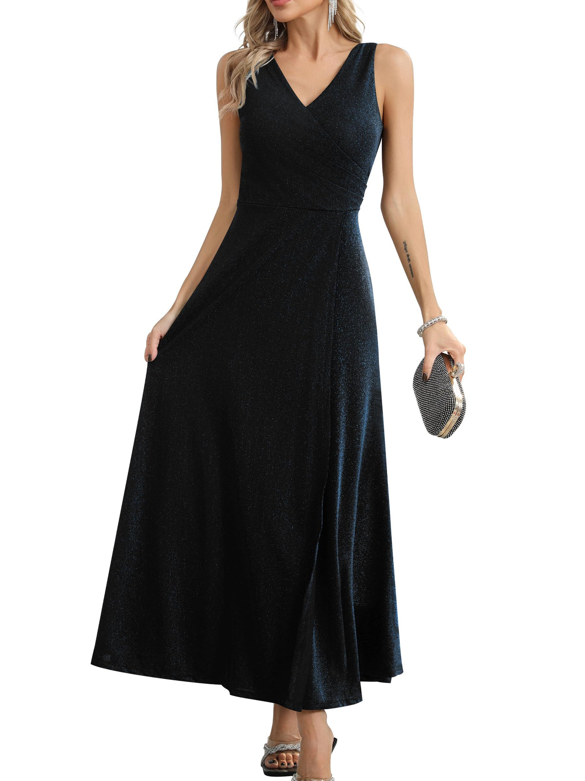 Rochie lungă de seară elegantă petrecută cu decolteu în V și crăpătură – Albastru-Negru XXL