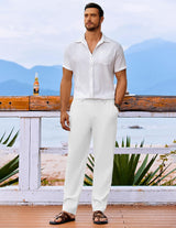 Pantaloni lejeri de vară din in pentru bărbați cu șnur și buzunare – Alb XL
