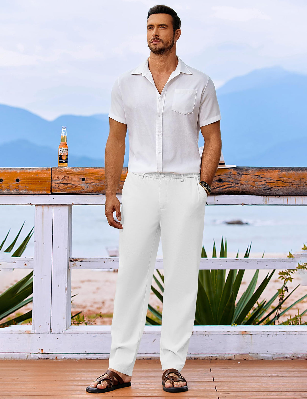 Pantaloni lejeri de vară din in pentru bărbați cu șnur și buzunare – Alb XL