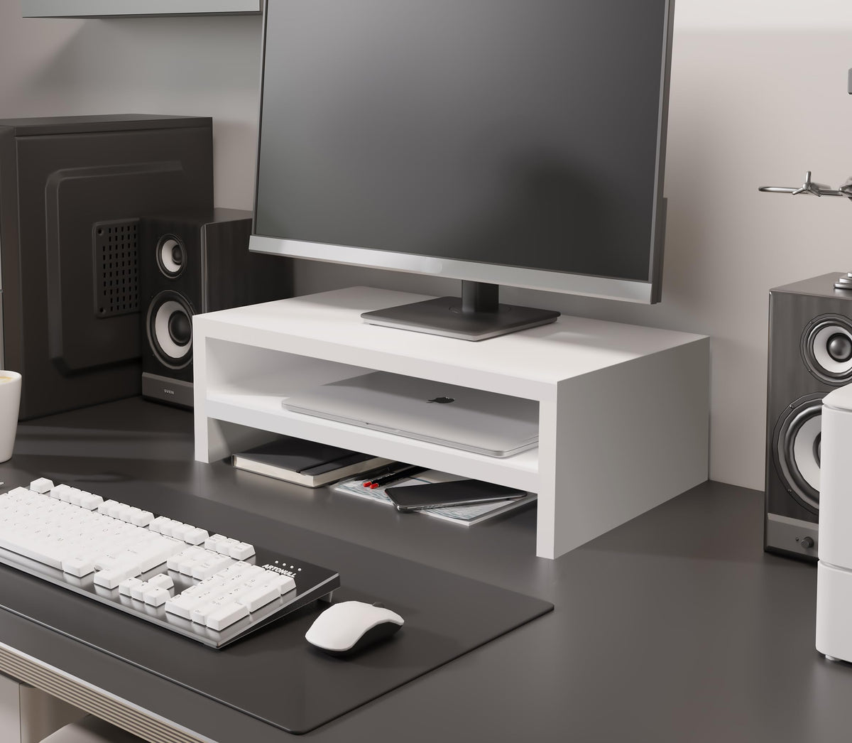 ComfortCove Monitor Stand, 2-Tier Monitor Stand, Computer Monitor Stand, Laptop Stand, Computer Stand, Printer Stand with Storage Tray, Ideal for Your Home Office, White