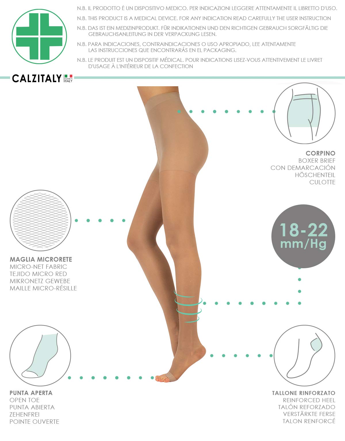 Ciorapi medicinali compresivi CALZITALY cu degete libere 18-22 mmHg 140 DEN – Natur L