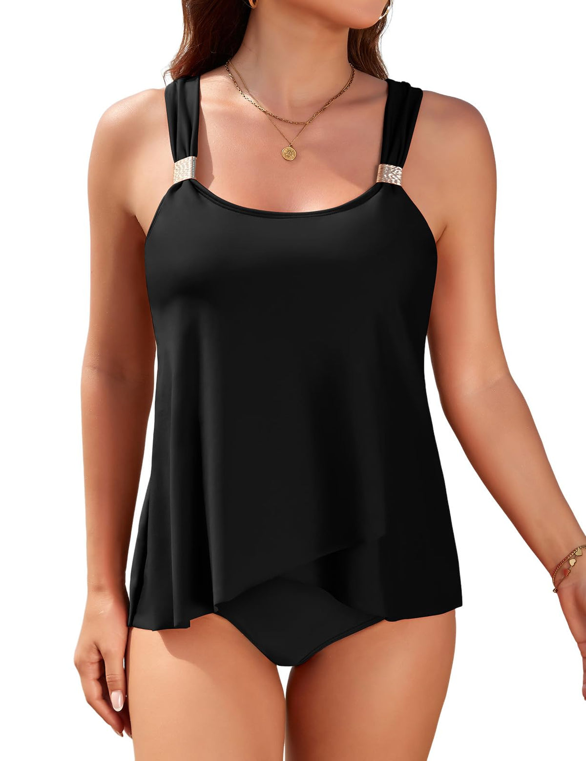 Costum de baie două piese tankini cu tiv suprapus și efect modelator – Diverse culori
