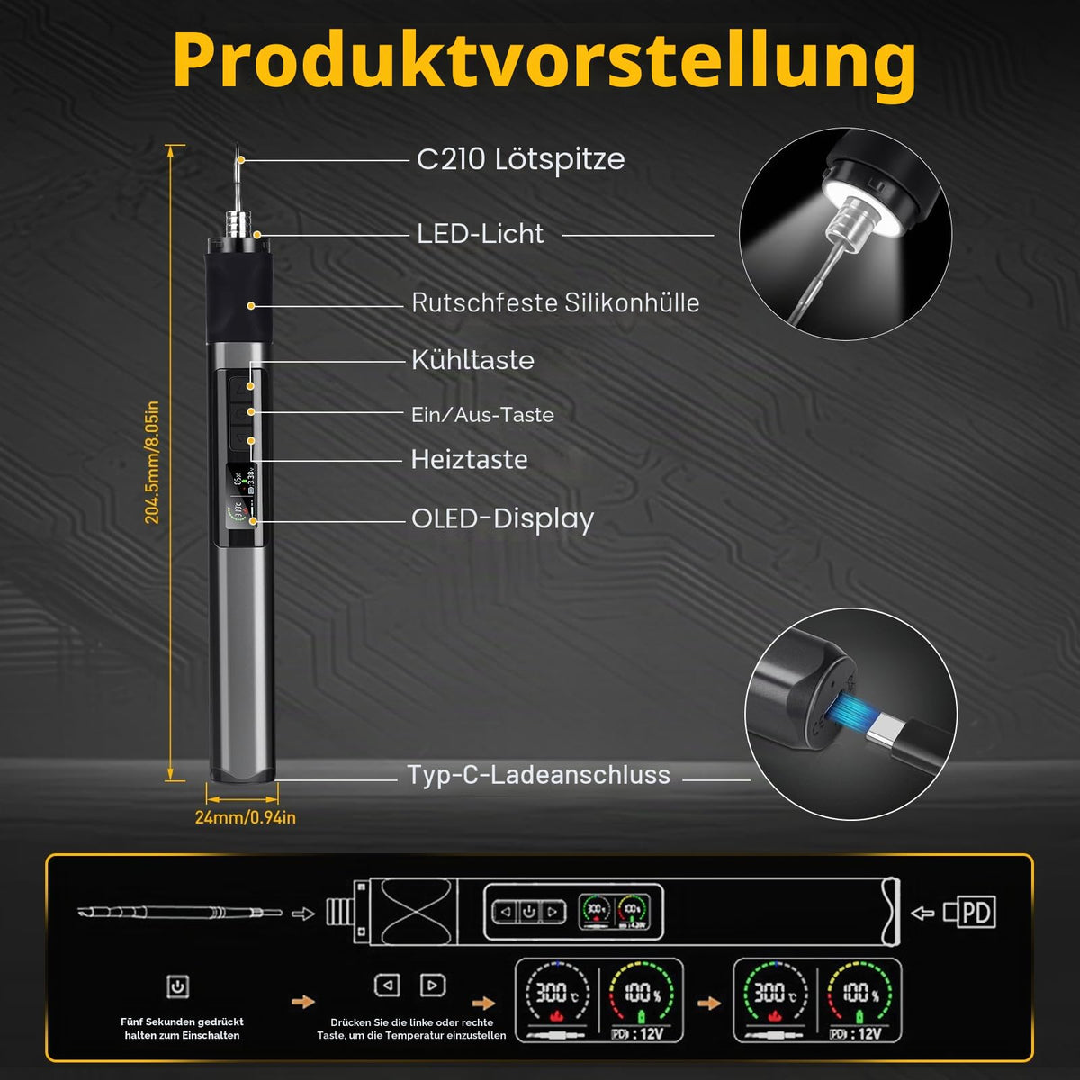 Cordless Soldering Iron 75W USB-C Rechargeable 150–480°C LED Display Auto Sleep – With Dock