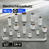 1/2in Socket Set 16pc 6-Point 10-36mm Short & Deep with 250mm Handle & Universal Joint – 16pc