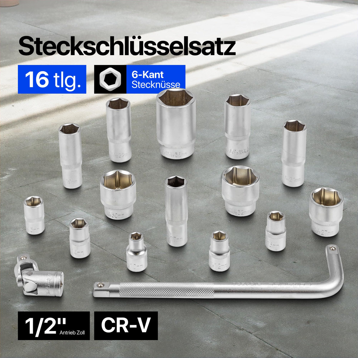 1/2in Socket Set 16pc 6-Point 10-36mm Short & Deep with 250mm Handle & Universal Joint – 16pc