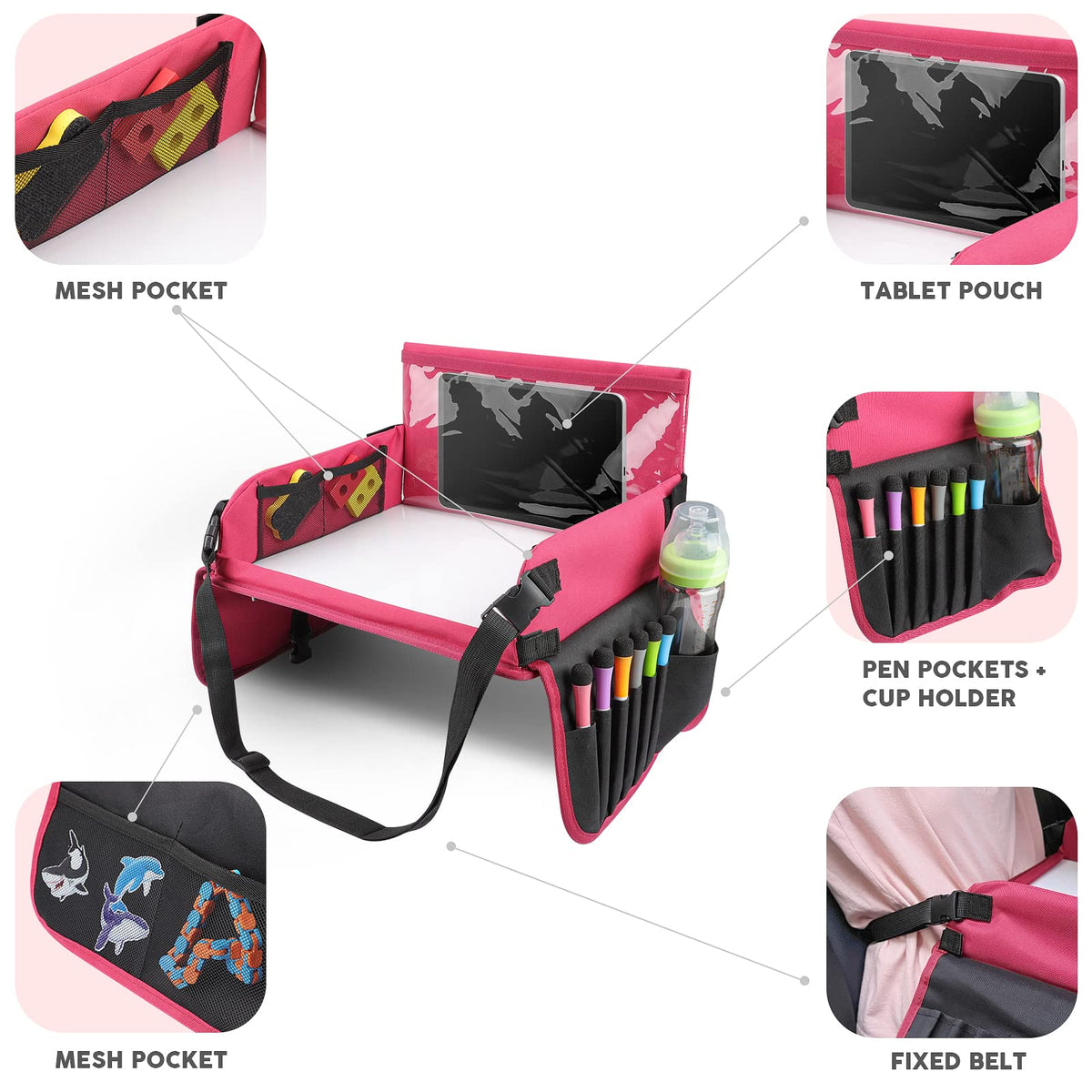 INFIVITA Lap Tray Travel Table Tray for Children Play with Erasable Drawing Board & 6 Colored Pencils for Play and Dining Table Play Table Car Seat Table for Buggies, Strollers, Car, Plane, Train