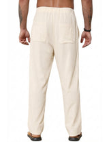 Pantaloni lejeri de vară din in pentru bărbați cu șnur și buzunare – Bej 4XL