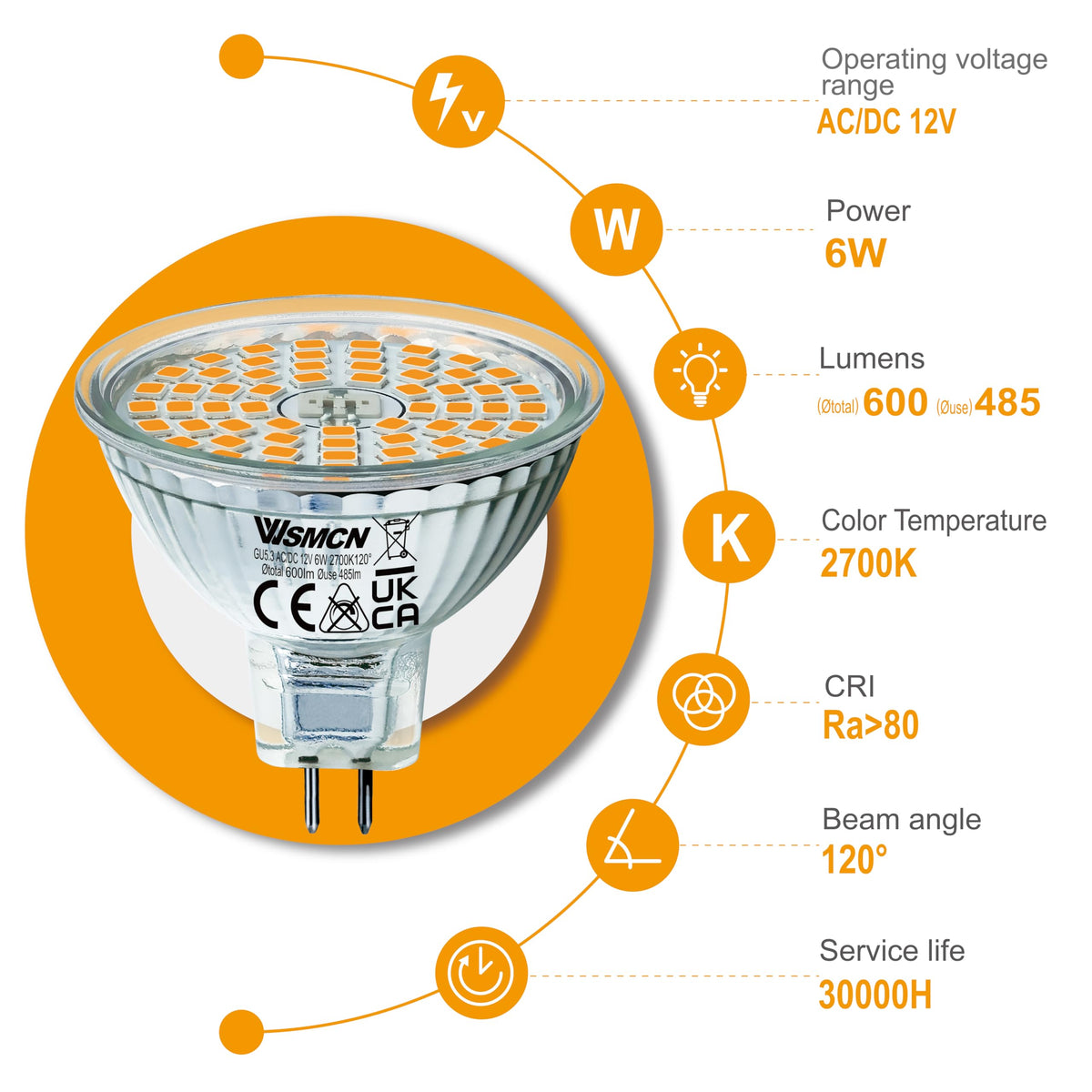 Becuri LED MR16 GU5.3 6W 12V 2700K lumină caldă unghi 120 grade, set 6 bucăți