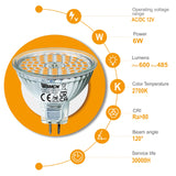 Becuri LED MR16 GU5.3 6W 12V 2700K lumină caldă unghi 120 grade, set 6 bucăți