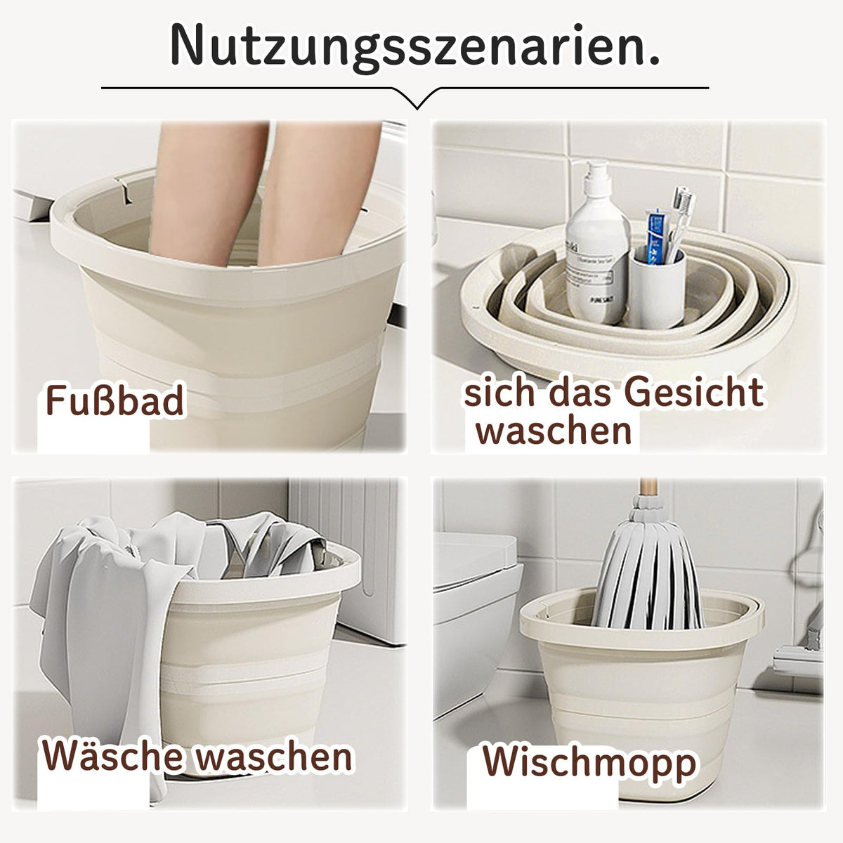 Collapsible Foldable Bucket 10L PP+TPR Space-saving – Cream