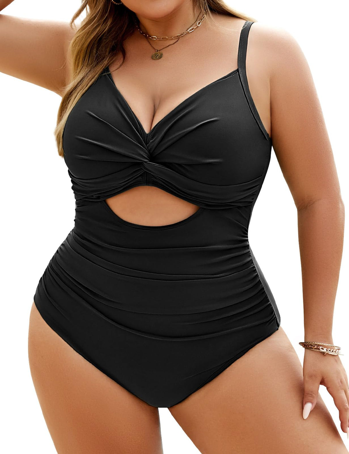 Vancavoo Swimsuit Women Tummy Control Plus Size Push Up Swimwear One-Piece Swimsuits with Underwire Sexy V Neck One Piece Swimsuits Swimwear, Black, L
