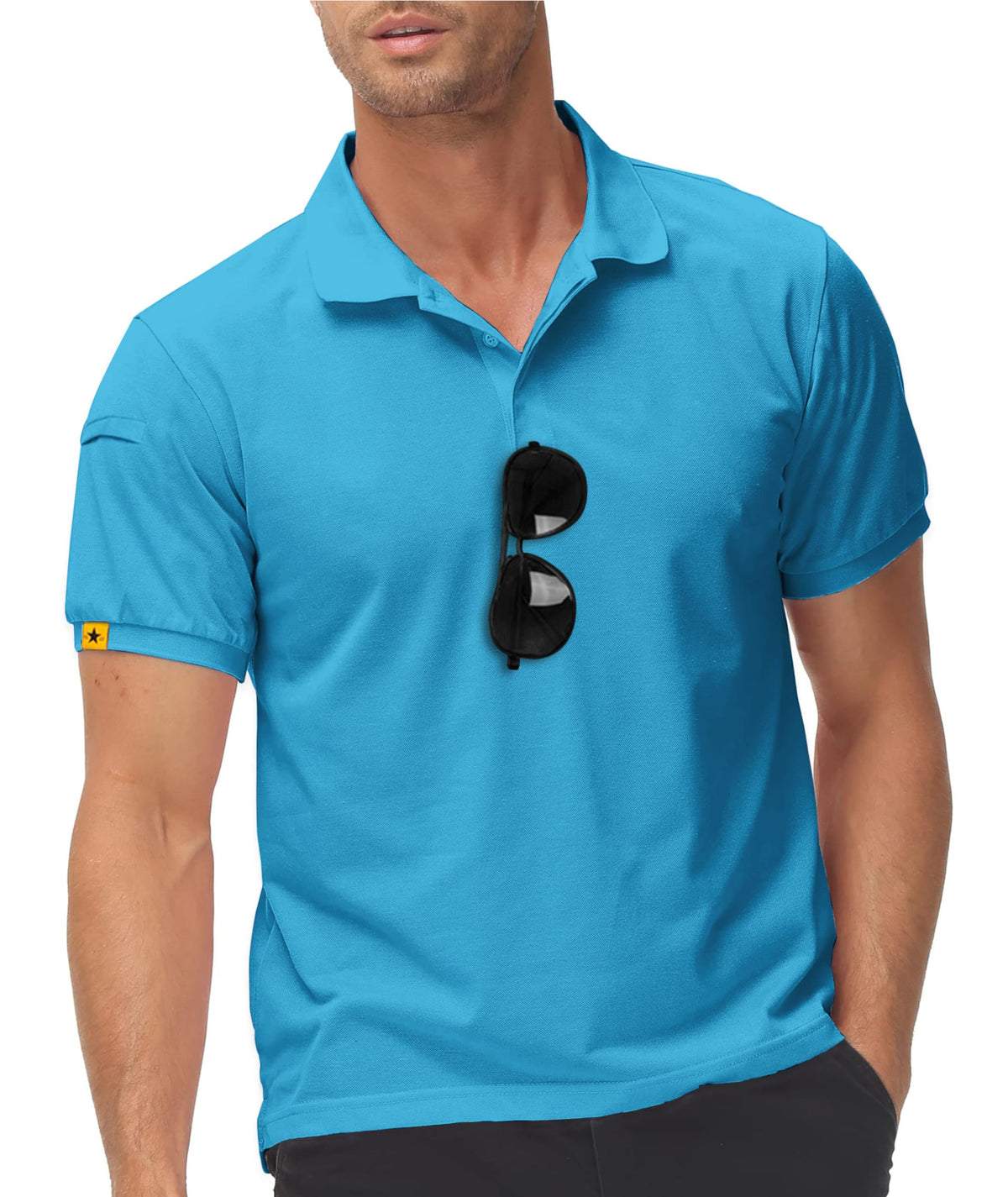 Men’s Short Sleeve Polo Shirt Breathable Golf with Glasses Holder Button Placket – Regular Fit