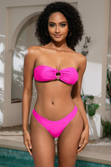 Costum de baie bandeau damă cu inel metalic și șnururi două piese – Roz Neon L