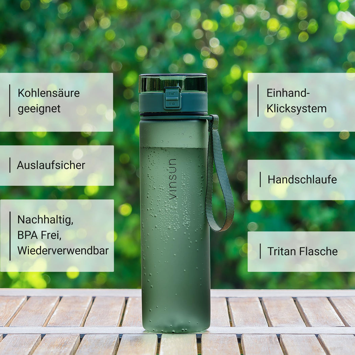 VINSUN drinking bottle 1L dark green - leak-proof, suitable for carbonated drinks, BPA free, Tritan, one-handed operation - lightweight water bottle for sports, school, university, bicycle