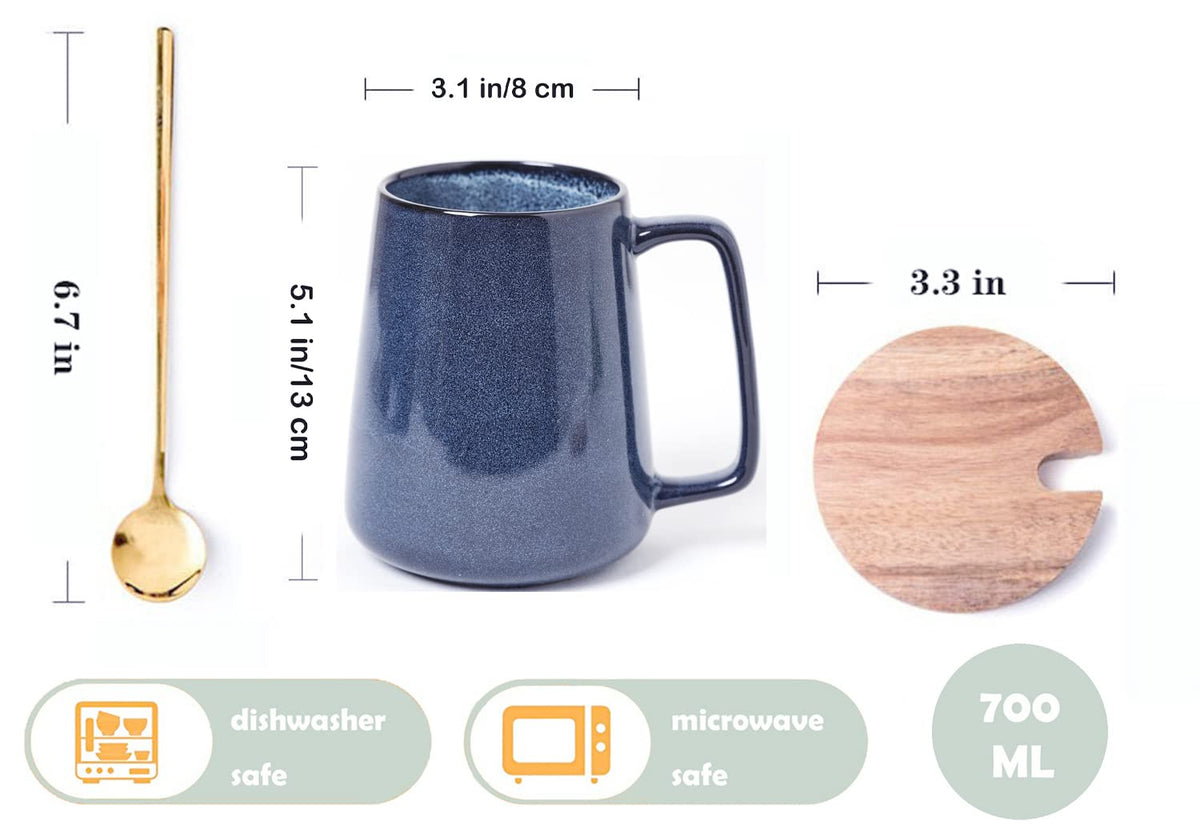 Large Ceramic Coffee Mugs, 24 oz / 700ml Extra Large Cups, Matching Lid and Spoon, for Cappuccino, Latte, Hot Cocoa or Hot Tea-kollesidei Gift (24 oz Pure Blue Set)