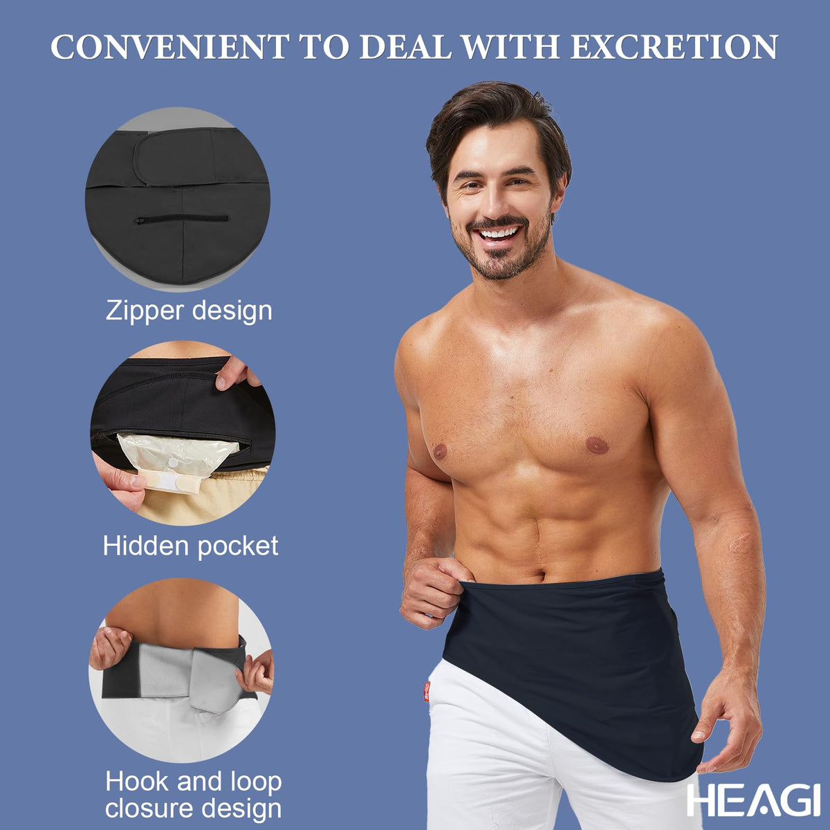 Centură de susținere reglabilă pentru pungi stomice Heagimed cu buzunar interior, bărbați și femei – Negru XL (99.1 cm)