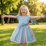 Girls' Ribbed Knit Tulle Dress with Sequins Flying Sleeves – Blue 5-6 yrs