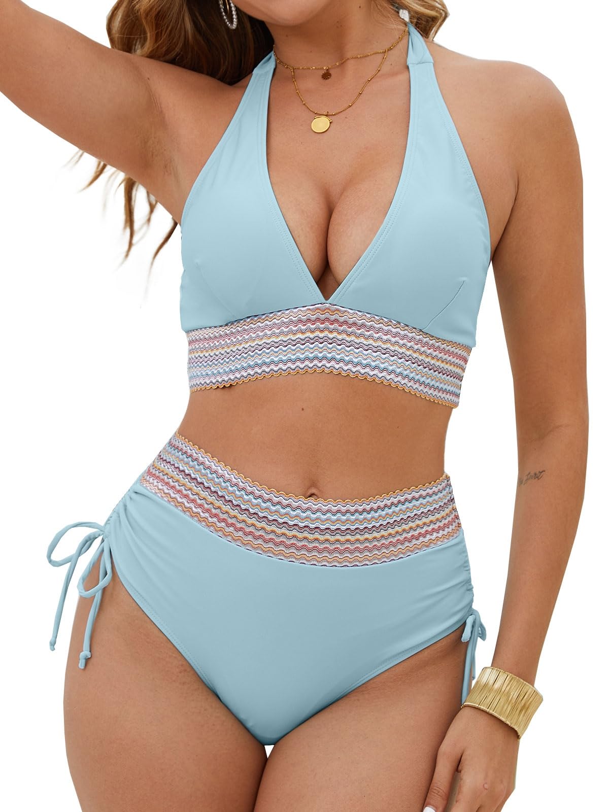 Women's High-Waist Halter Bikini Set Tummy Control Drawstring 2-Piece – Blue S