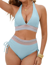 Women's High-Waist Halter Bikini Set Tummy Control Drawstring 2-Piece – Blue S