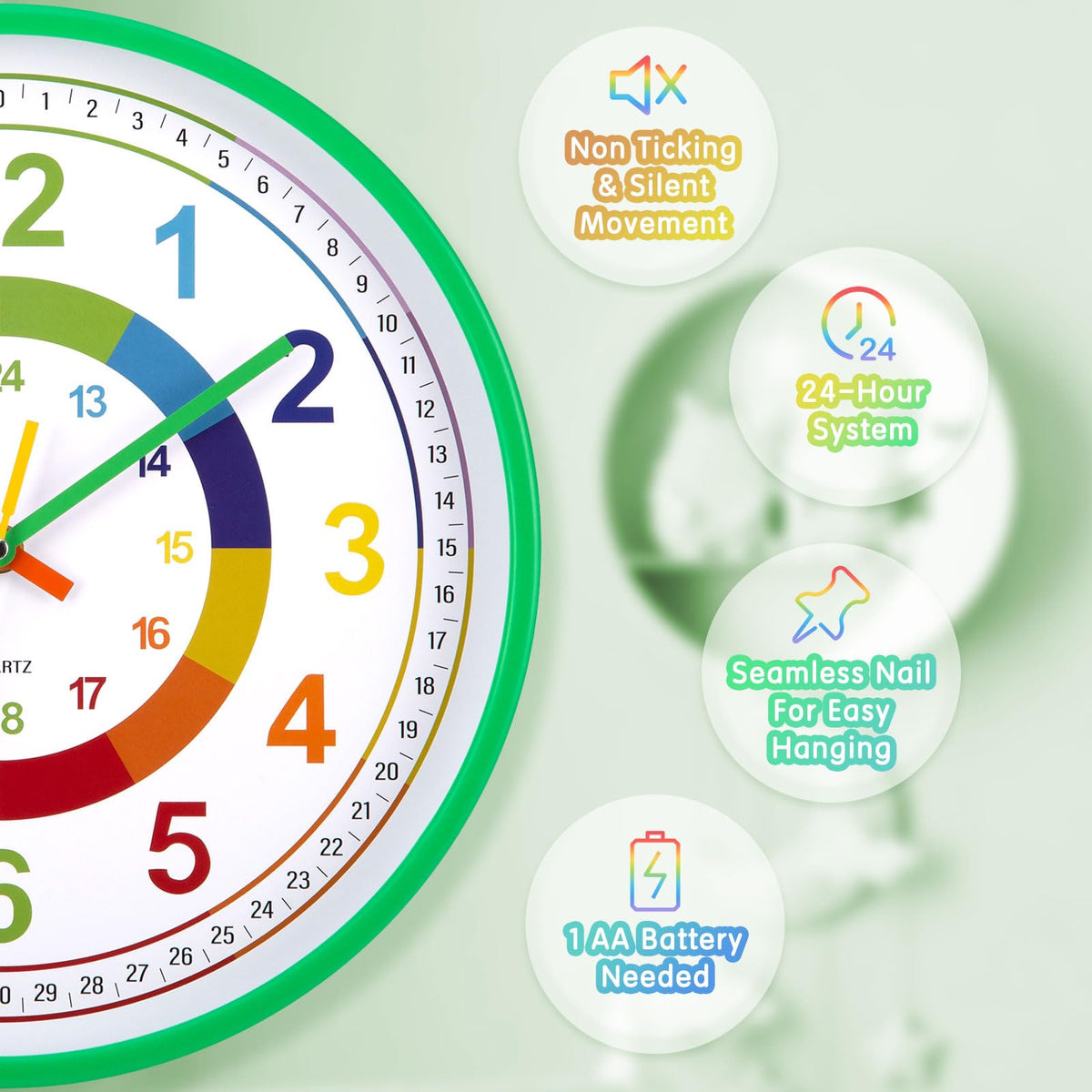 Children’s Wall Clock Silent 30cm Easy-Read Colourful Large Dial Learning Clock for Bedroom – Green