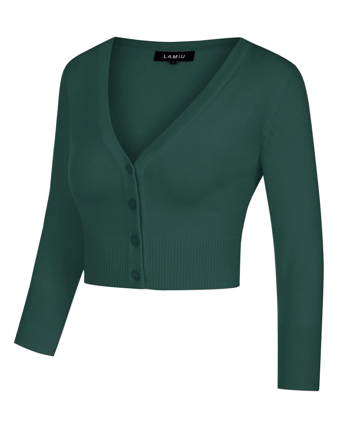 Cardigan bolero tricotat lejer damă mânecă 3/4 cu nasturi – Verde închis S