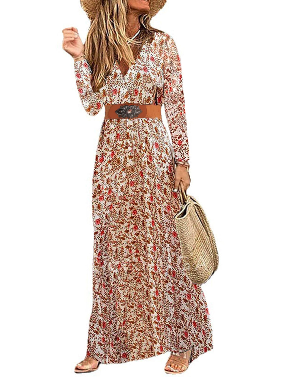Women's Boho Floral Maxi Dress V-neck Short Sleeve High Waist with Belt – Floral