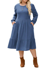 Women's Plus-Size Knit Sweater Dress A-Line Casual – Grey-Blue