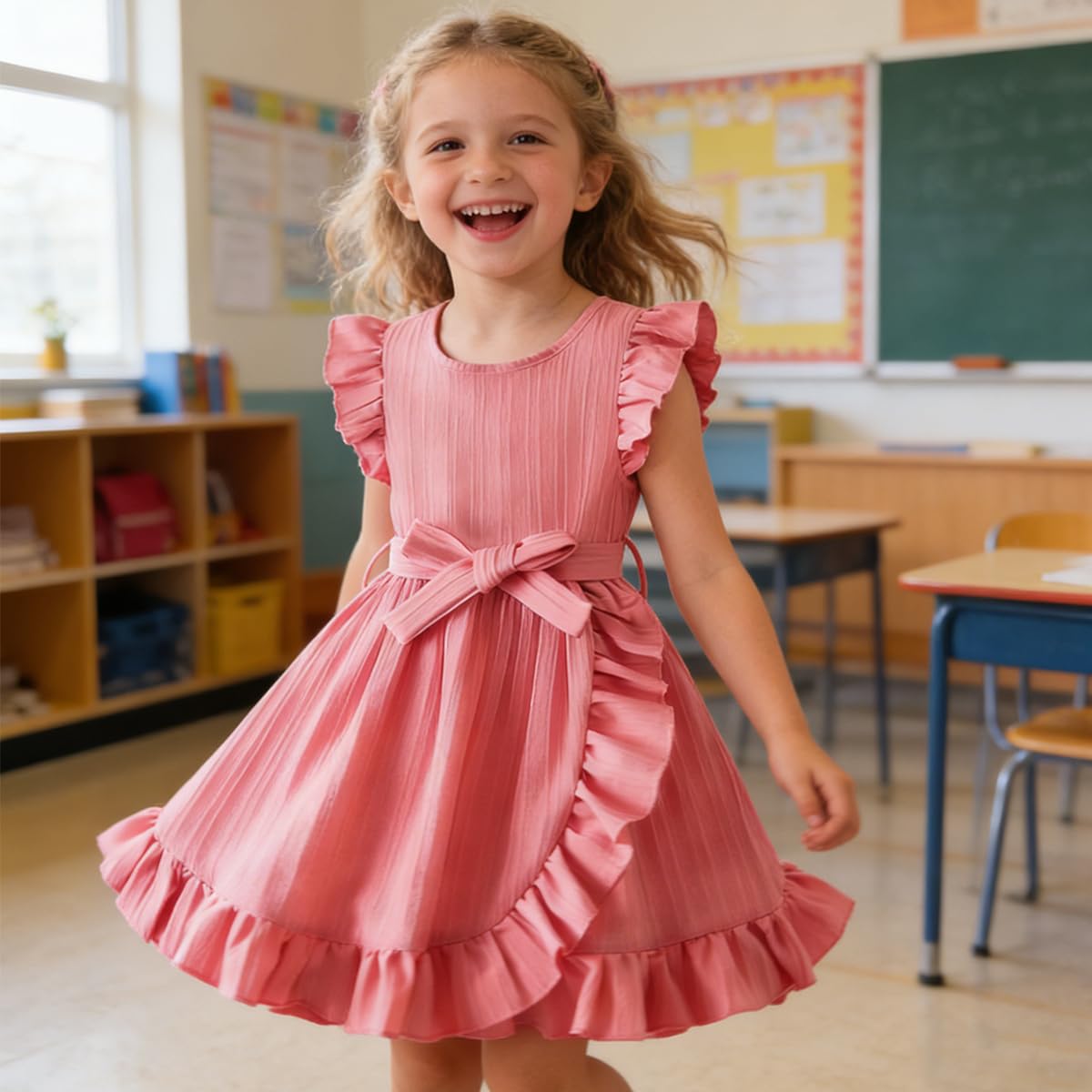 Girls' A-Line Dress Bowknot Ruffle Short Sleeve – Pink 122