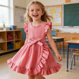 Girls' A-Line Dress Bowknot Ruffle Short Sleeve – Pink 122