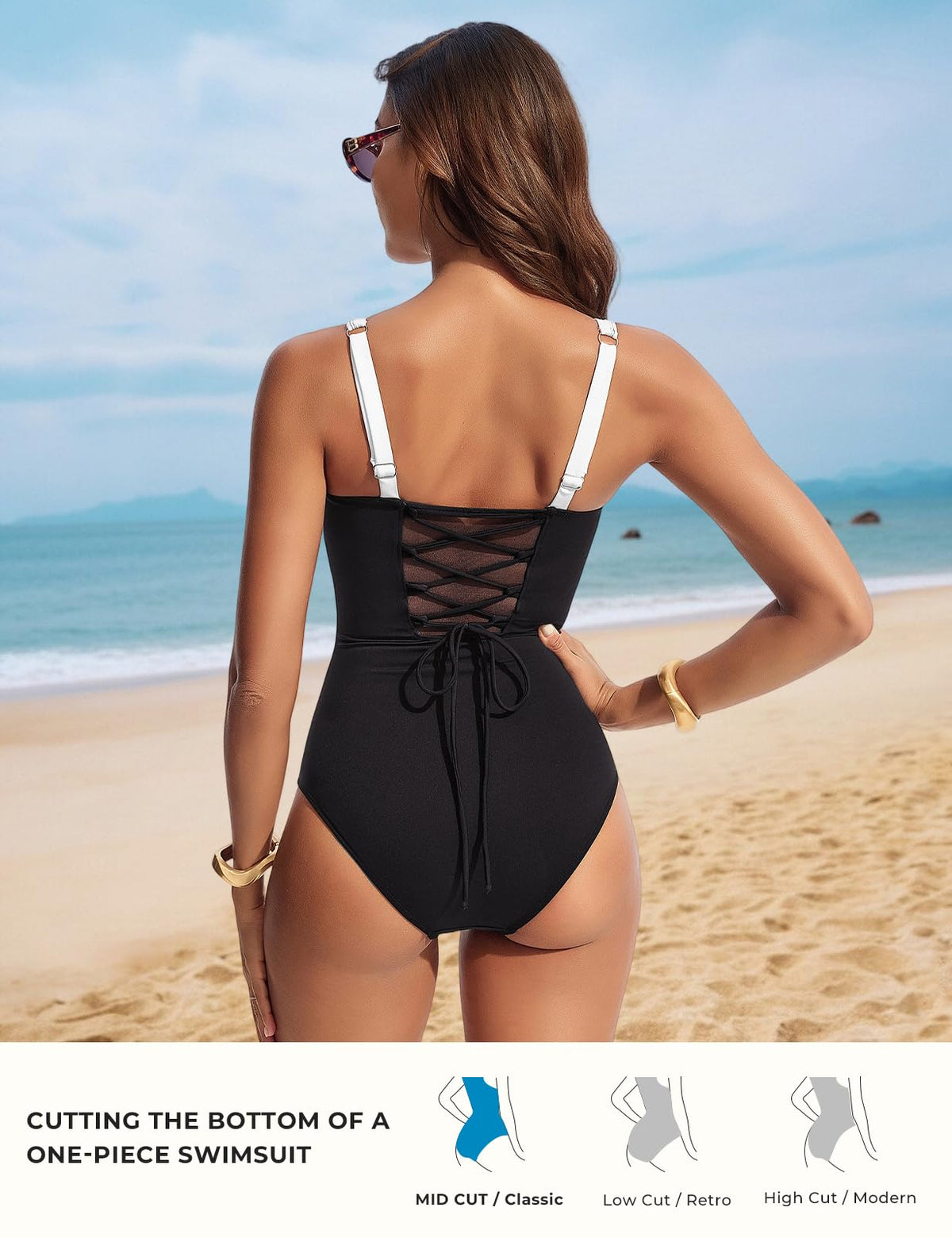 Slimming One-Piece Swimsuit Criss-Cross Backless – Black/White 2XL