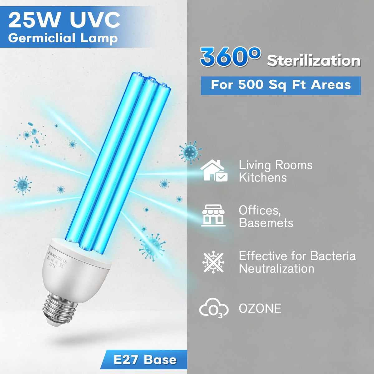 Lampă de dezinfectare germicidă UVC 25W dulie E27 sterilizare 360° cu ozon