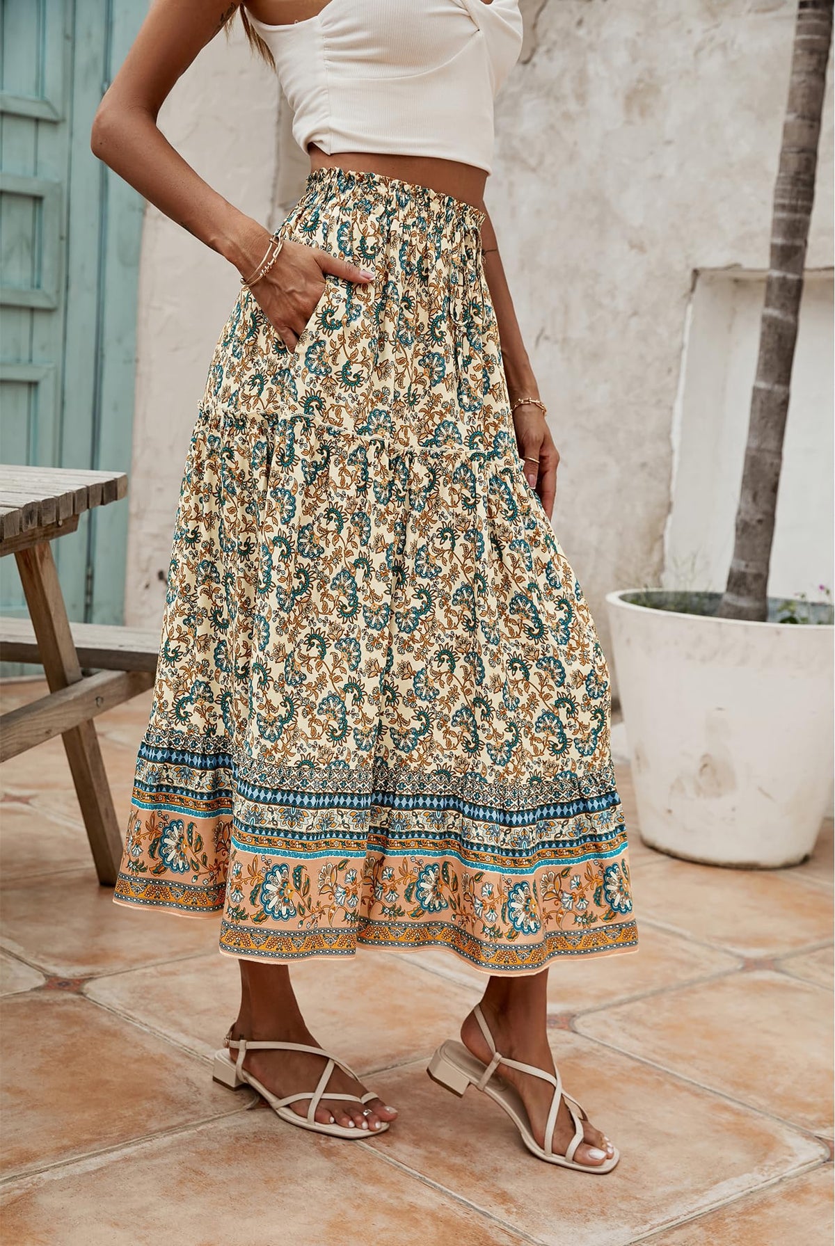 Women's Boho Elastic Waist Midi Skirt Floral with Drawstring Casual Flowy – Beige S