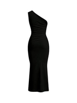 SweatyRocks Women's Maxi Dress Black M Asymmetrical Neckline One Shoulder Bodycon Fishtail Dress with Ruffles Elegant/ Pencil/ Figure-hugging Dress for Casual Occasions