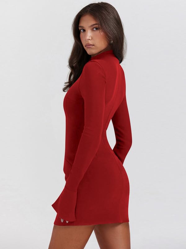 Rochie scurtă mulată cu mânecă lungă și guler rulat cu buzunare damă – O bucată