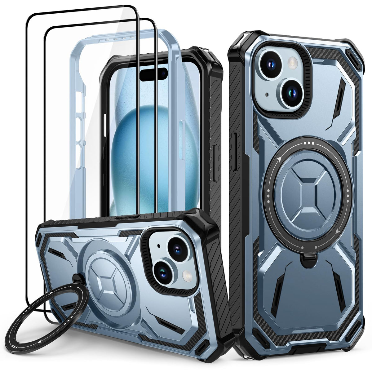 Husă antisoc militară cu inel rotativ 360° și 2 folii sticlă pentru iPhone 15 – Albastru