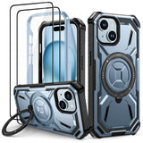 Husă antisoc militară cu inel rotativ 360° și 2 folii sticlă pentru iPhone 15 – Albastru